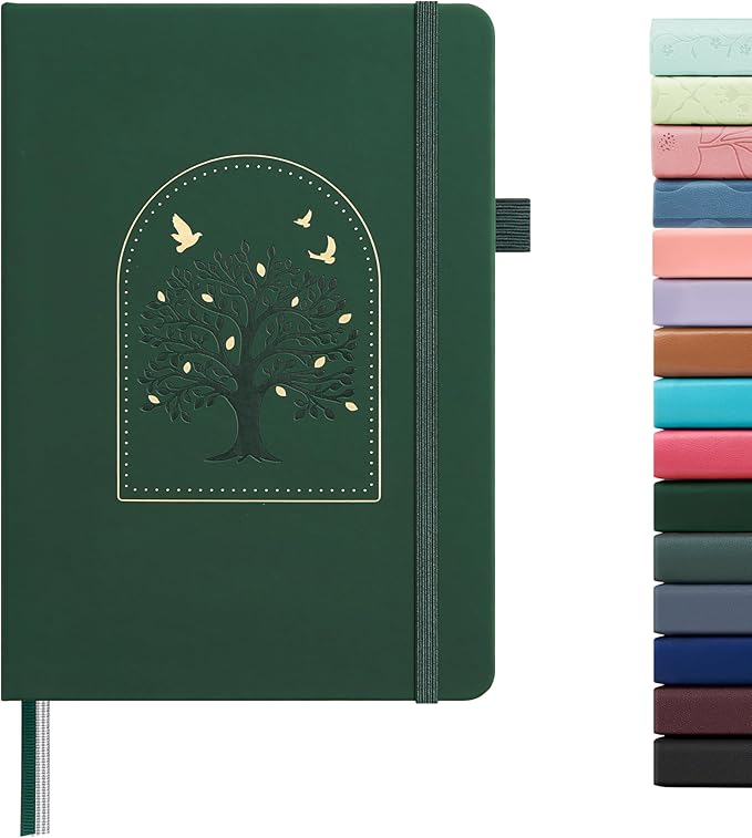 &And Per Se Dotted Journal Notebook for Women&Men with Pattern, A5 Leather Hardcover, 160 Pages 100GSM Thick Dotted Paper, 3 Sheets of Stickers Included(Dark Green)
