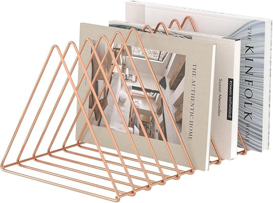 Urban Deco Triangle Desk Organizers Metal Wire Magazine Holder 10 Sections Decorative File Folder Organizer Vinyl Record Storage Office File Organizer For Desk - Rose Gold Magazine File Holder