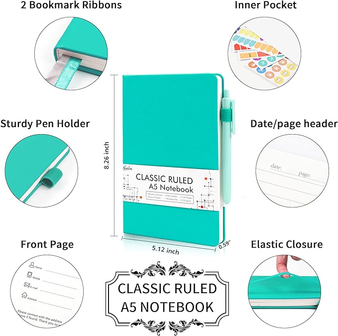 feela 12 Pack Notebooks Journals Bulk, Hardcover Notebook Classic Ruled Lined Journals with Pen Holder for Women Girls School Business Supplies, with 12 Black Pens, 120 GSM, 5.1”x8.3”, A5, Aqua