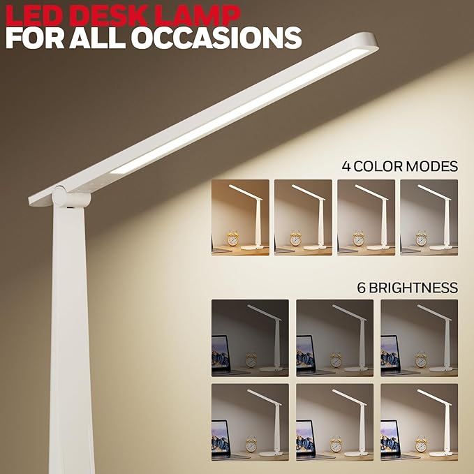 HONEYWELL Desk Lamp for Home Office, Dimmable LED Desk Light with USB A+C Dual Charging, 4 Modes Brightness Touch Lamp with Timer, Eye Caring Foldable Reading Light, Table Lamp for Study Nightstand