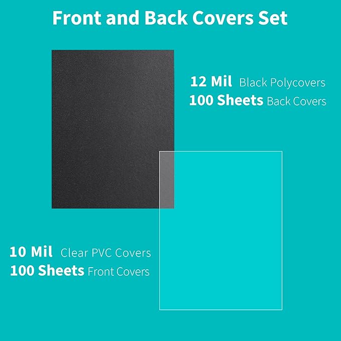 Binditek 200 Pack Binding Covers and Backs Set, 8.5 x 11 Inches, 100 Clear PVC (10 Mil), 100 Sand-Textured Polycovers (12Mil), Letter Size