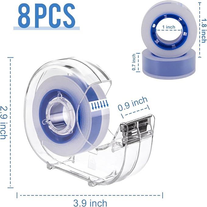 8 Pcs Transparent Tape with Dispenser, 0.7 x 1000 in Blue Core Clear Tape Rolls Bulk, Office Tape Refills for Desk, Craft, and Gift Wrapping