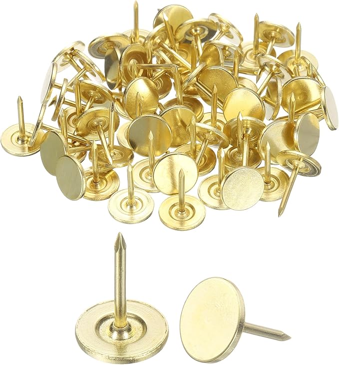 uxcell 150Pcs Upholstery Tacks, 11mmx15mm Flat Head Thumb Tack Decorative Furniture Nails Push Pins for Furniture Sofa Headboards, Gold