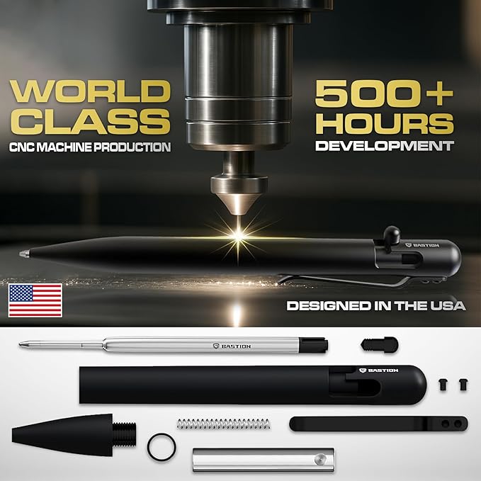 BASTION® Luxury Bolt Action Pen, Durable Professional Ballpoint Pen with Fine Tip, EDC Tactical Pen Ink Refillable Pen - Zirconium Black