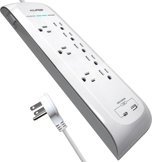 Digital Energy 25 FT USB-C and USB-A 8 Outlet 4200 Joules Surge Protector Power Strip, 3 Wide Spaced Outlets, White