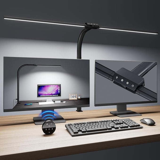 Desk lamp,LED Desk Lamps for Home Office,24W-Eye-Caring Computer Desk Lamp with Clamp,Architect Lamp with Flexible Gooseneck,LED Table Light for Reading,Dimmable Monitor Table Lamp,Double Head
