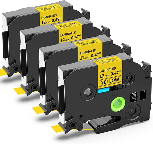 Labelife TZe-631 Label Tape 12mm Yellow Replace for Brother TZe TZ Tape 12mm 0.47 Laminated Yellow TZe631 TZ-631 P Touch Label Maker Tape for Ptouch PT-D210 PT-D220 PT-H110 D600 D400, 4-Pack