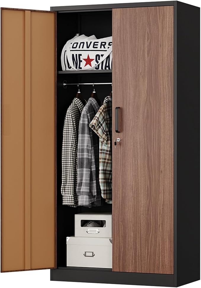 MIIIKO Metal Wardrobe Cabinet with Locking Doors, Metal Storage Armoire Closet for Clothing, 2 Door Woodgrain Locker Cabinet with Adjustable Shelves for Bedroom, Locker Room, Home Office and Garage…