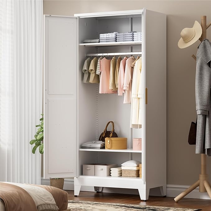 71" Tall Metal Wardrobe Closet with Adjustable Shelves and Hanging Rod, 2 Doors Free Standing Armoire Wardrobe Cabinet for Bedroom, Office, Laundry Room, White