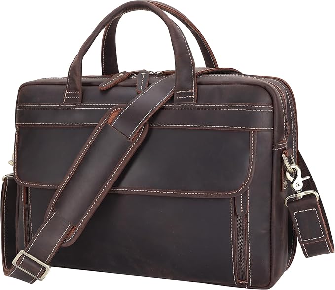 Masa Kawa Leather Briefcase for Men 15.6" - 17" Laptop Computer Case Business Travel Work Messenger Cross Body Shoulder Bag