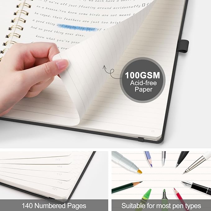 AHGXG Lined Spiral Journal Notebook, B5 Large Notebooks for Women Men, 140 Pages Hardcover Leather Notebook College Ruled, 100 GSM Paper, Notebooks for Work School Note Taking, 7.6" x 10", Black