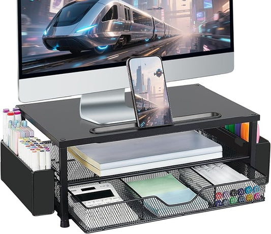 AUPSEN Wood Computer Monitor Stand Riser, 2-Tier Black Desk Organizer with Drawer, Pen Storage & Phone Holder ，Office Desk Accessories Desktop Organizer for Office Supplies