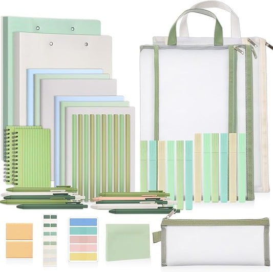 Colarr 54 Pieces Aesthetic School Supplies Including Pastel Highlighters Document Bags Pencils Notebooks Pencil Pouch Ink Pens Sticky Notes Erasers Back to School Gift Stationary Kit(Green)