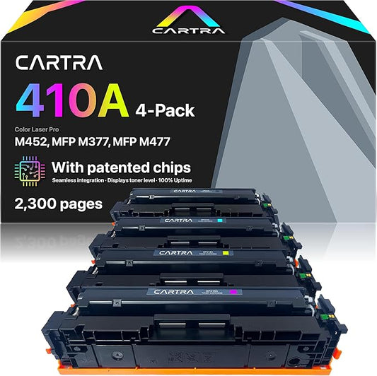 CARTRA 410A M452dw 4 Pack Toner Cartridges for HP Color Laser Pro MFP M377dw, M377, M452dn, M452nw, M452, MFP M477fdn, M477fdw, M477fnw M477 Series Printer | CF410A Black, Cyan, Magenta, Yellow