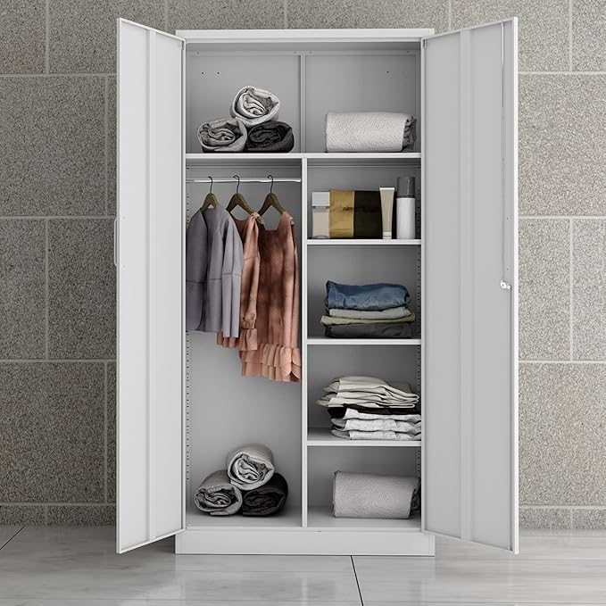 MIIIKO Steel Wardrobe with 2 Doors, White Metal Locker for Storage with Hanging Rod and 4 Shelves, Lockable for Bedroom and Home Office