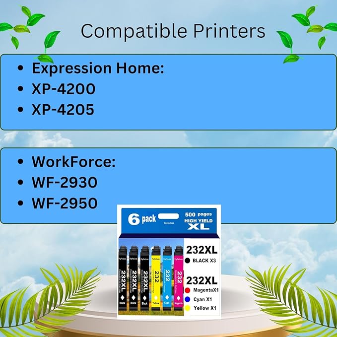 232XL Remanufactured for Epson 232XL Ink Cartridges Combo Pack 232XL T232 XL for XP-4200 XP-4205 Workforce WF-2930 WF-2950 Printer 6 Pack 3 Black 1 Cyan 1 Magenta 1 Yellow