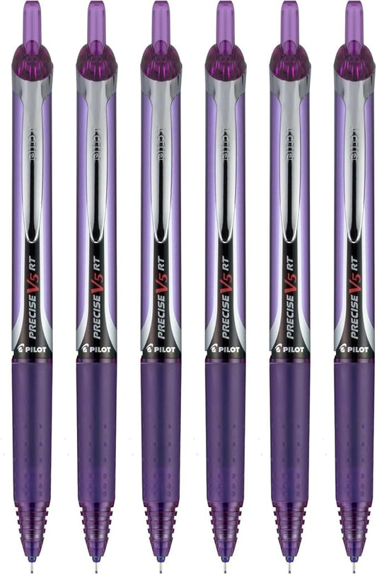 Precise V5 RT Retractable Rolling Ball Pens, Extra Fine Point (.5mm), Purple Ink, 6-pk; Premium Comfort Grip, Bundle with Plastic Reusable Pouch