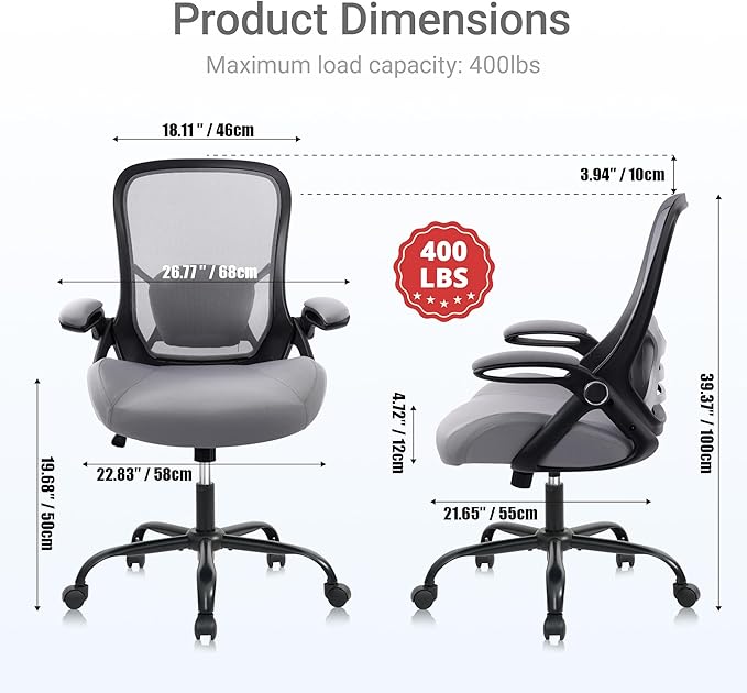 HYLONE 400lbs Heavy Duty Office Chair, 5" Thickened Seat Ergonomic Desk Chair with Adjustable Armrests, Home Office Computer Chairs for Long Hours Mesh Executive Chair(Dark Grey)