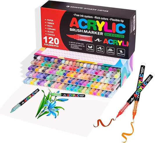120 Colors Acrylic Paint Markers Set, Soft Brush Tip Pens for Rock, Wood, Canvas, Glass, Ceramic, Fabric, DIY Craft Projects – Waterproof, Quick-Dry, Vibrant Ink for Artists & Beginners