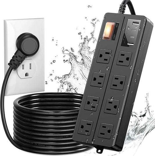 IPX6 Outdoor Power Strip Weatherproof, Waterproof Surge Protector with 8 Wide Outlet with 2A2C USB Ports, 15FT Long Extension Cord, Wall Mountable for Outside Decorations and More UL Listed(Black)