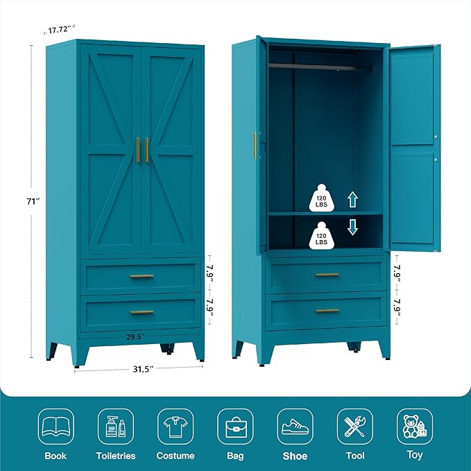 71" Tall Metal Wardrobe Cabinet with 2 Drawers and Hanging Rod, 2 Doors Armoire Wardrobe Closet with Shelf for Bedroom, Office, Laundry Room, Blue