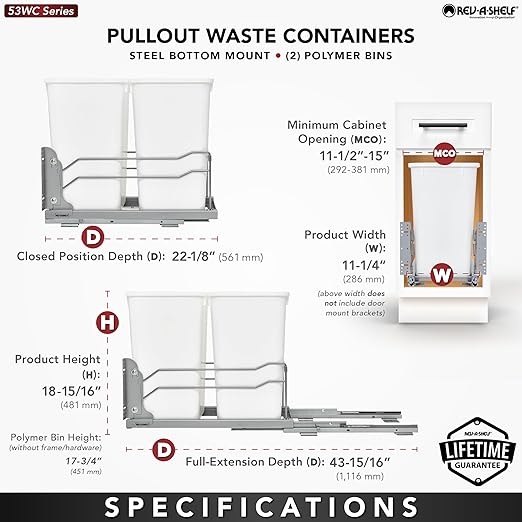 Rev-A-Shelf Double Pullout Trash Can for Base Kitchen Cabinets 27 Quart 12.5 Gallon with Soft-Close Slides, Metallic Silver, 53WC-1527SCDM-217
