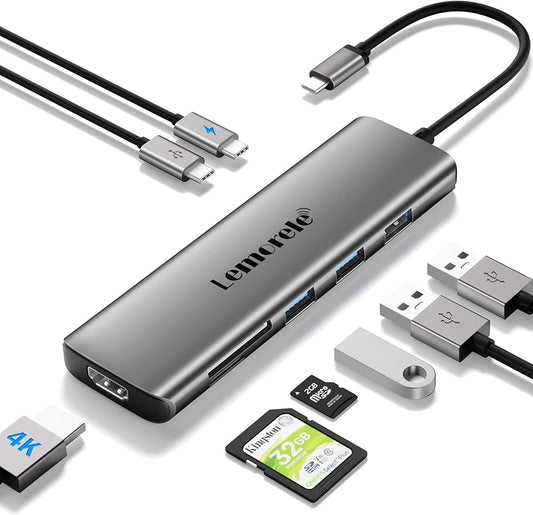Lemorele 8-in-1 USB C Hub Multiport Adapter, USB-C Hub with 4K HDMI Output, 100W Power Delivery, USB 3.0 5Gbps Port, SD/TF Card Reader Adpater, Compatible for MacBook Pro, XPS, Chromebook and More