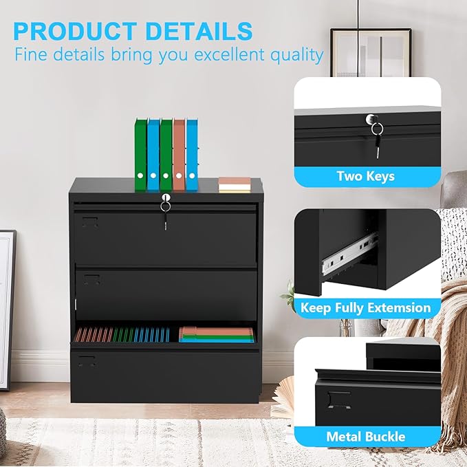 40inch Steel 3 Drawer Lateral Filing Cabinet - Lockable Metal Filing Storage, Home Office Organization, Fits Hanging Letter/Legal/F4/A4, Durable 0.6MM Coated Steel (Black)