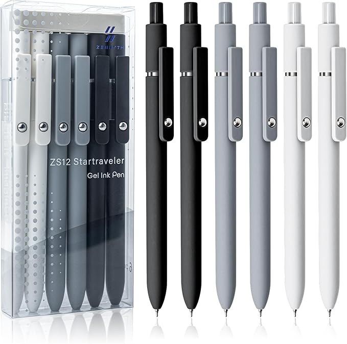 6 Pcs Gel Pens 0.5mm Quick Dry Black Ink Pens Fine Point Smooth Writing Pen, Cute Office and School Supplies Gifts for Women Teacher Students (6 Pcs Black White Grey Silver)