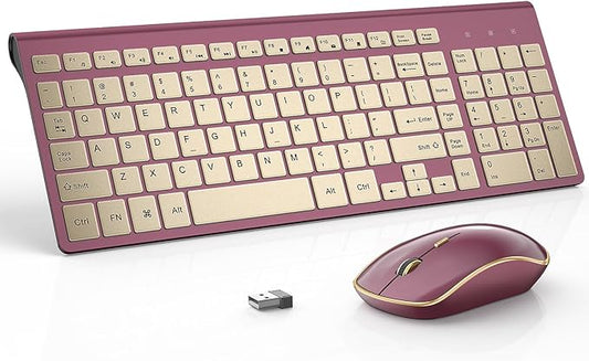 JOYACCESS Wireless Keyboard and Mouse, 2.4g Slim and Ergonomic Wireless Keyboard Mouse Combo- Full Size and Portable Design for Laptop/Windows/Computer-Wine Red Gold