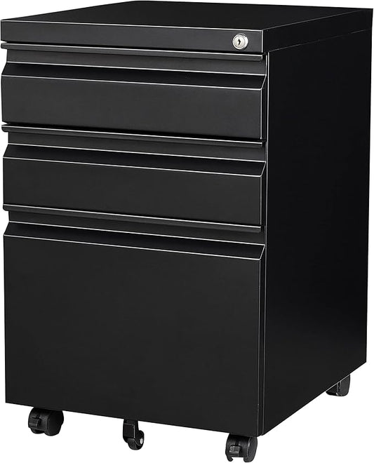 SISESOL 3 Drawer Mobile File Cabinet with Lock,Black Under Desk File Cabinets with Wheels,Rolling Metal Filing Cabinet for Home Office,Fit Legal/Letter/a4 File,Fully Assembled Except Caster