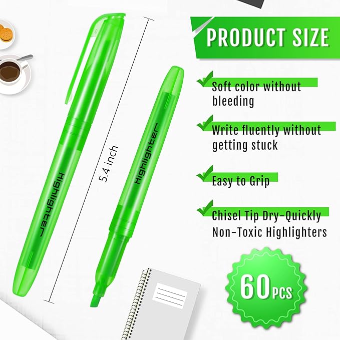 Fuutreo 60 Pack Pastel Highlighters Bulk Bright Color Highlighter Marker Chisel Tip Dry Quickly Safe Highlighter Pens Fluorescent Ink for Adults Home School Office(Green)