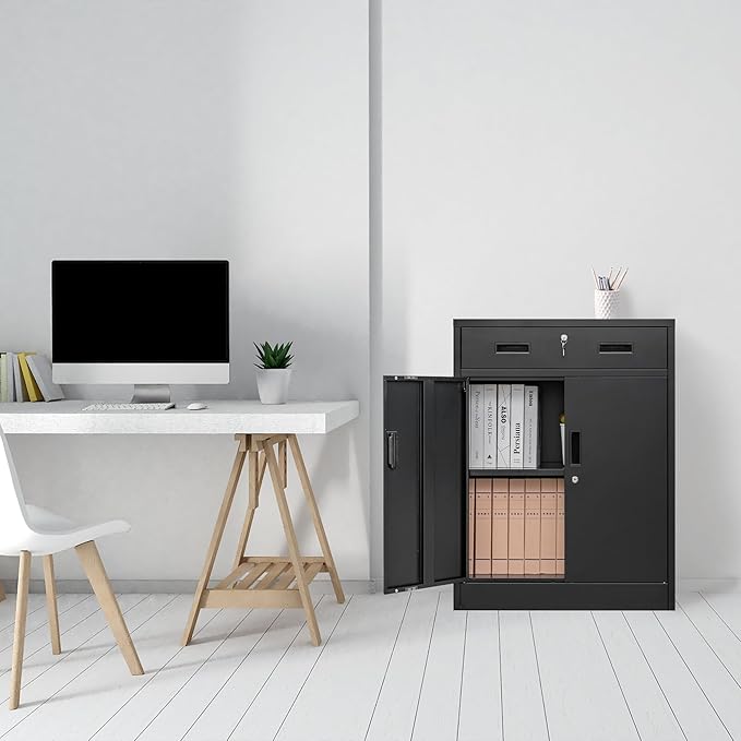 BESFUR Locking Storage Cabinet, Metal Cabinet with Oversized Drawer, Office Storage for Home, Garage, School - Black