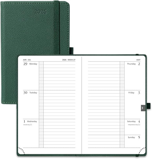POPRUN Weekly Planner 2026 Calendar (Pocket 4'' x 6.25'') 12 Months Notebook with Horizontal Layout, Leather Hardcover, Inner Pocket, 100GSM Thick Paper, Pen Holder TJ - Army Green