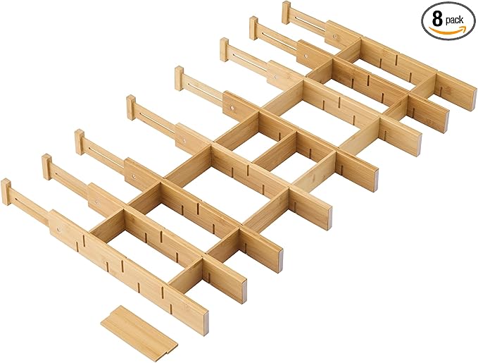 Bamboo Drawer Dividers with Inserts kitchen drawer organizer Adjustable Expandable 8 Pack Organizer Set for Kitchen Bedroom Bathroom Office 8 Dividers with 16 Inserts (Natural, Large (18-22.5IN))