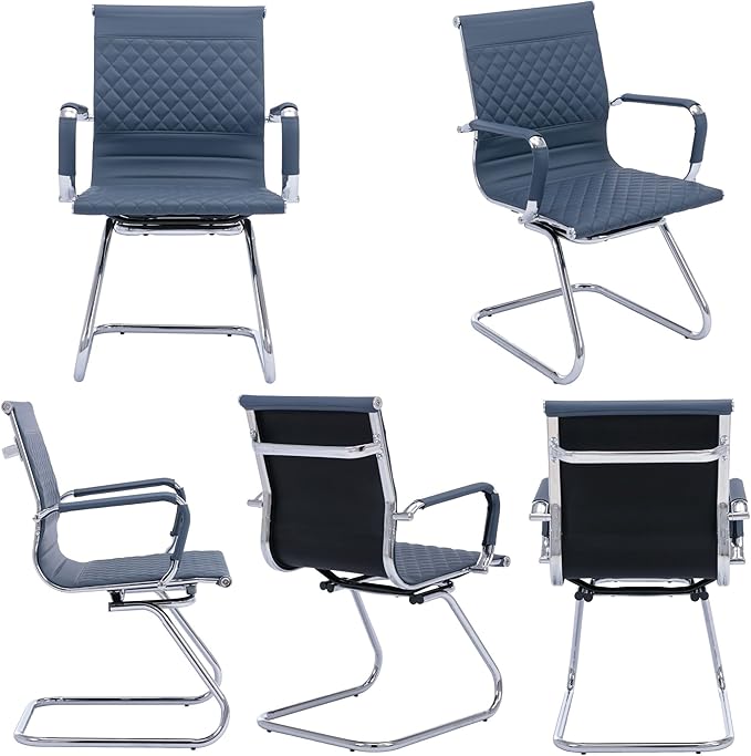 Office Guest Chairs Reception Chairs Waiting Room Chairs Set of 2 Conference Room Chair with Mid Back, Modern PU Leather Desk Chairs, Navy