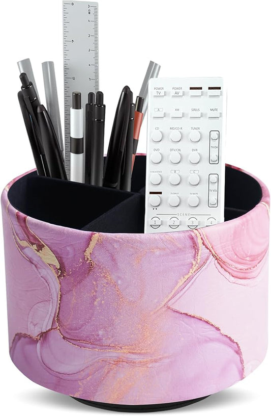 Round Leather Art Supply Organizer,Remote Control Holder,360-degree Rotating Pen Organizer with 4 Compartments(1-Pink Splash Ink)