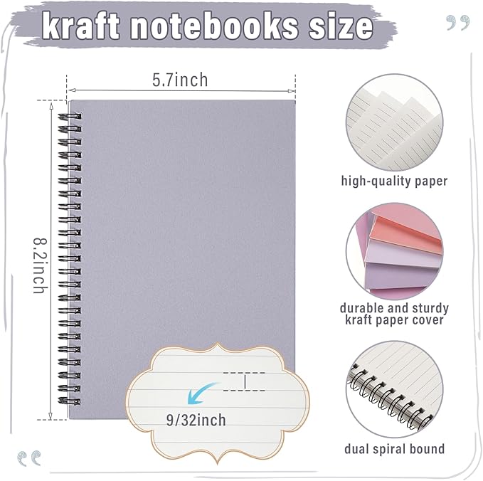 Fuutreo 12 Pcs Spiral Notebook for Work A5 8.3 x 5.7 Inch College Ruled Spiral Journal Notebook Kraft Cover Ruled Paper, 12 Color, 60 Sheets, 120 Pages for Office School(Macaron Color)