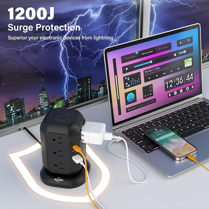 Power Strip with USB C Ports, AiJoy Surge Protector with 12 AC Outlet and 4 USB Ports, 10 FT Extension Cord, USB Charging Station with Overload Protection, Living Room, Office, Dorm