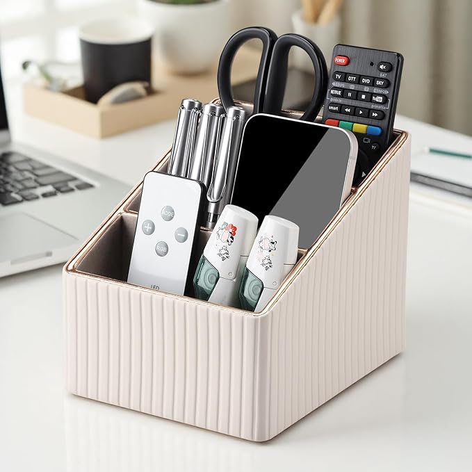 KINGFOM Remote Control Holder with 3 Compartments, Pu Leather Remote Caddy Desktop Organizer for TV, CD, Blu-Ray, Media Player, Heater Controllers and Cosmetics Office Supplies Light Beige