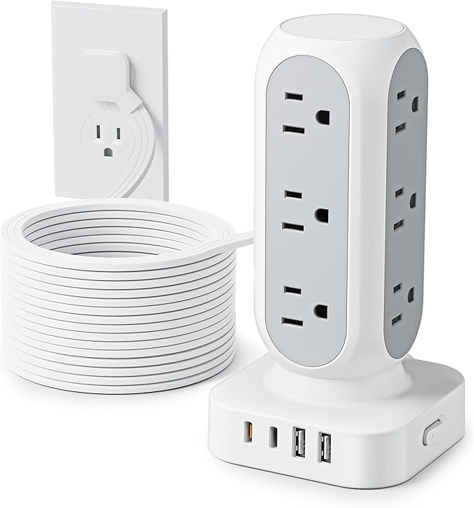Flat Plug Power Strip Tower, 40W Total Fast Charging Station, Dual PD 20W USB-C Surge Protector with 12 AC Outlets and 8 USB Ports (4 USB C), 15FT Extension Cord for Home Office Dorm Room