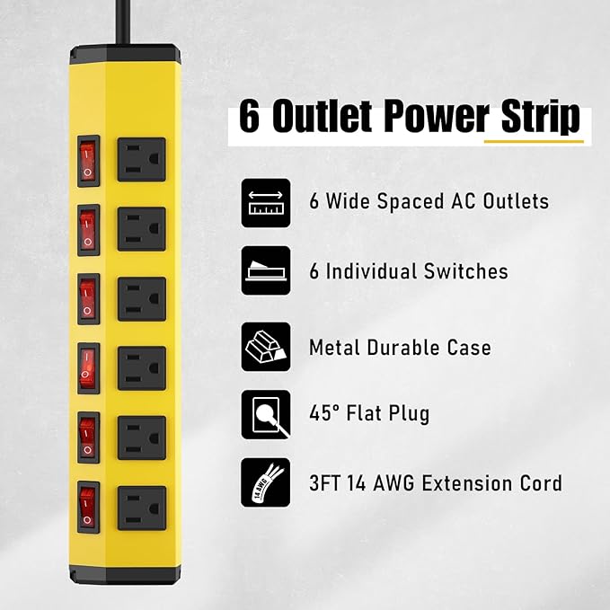 ANNQUAN 6 Outlet Metal Power Strip with 6 Individual Switches,Heavy Duty Power Strip 1200J 15A 3FT Cord Home Office Industrial Commercial Shop