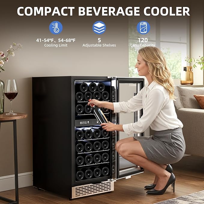 Antarctic Star Wine Fridge 15 Inch Wine Cooler Refrigerator,27 Bottles Dual Zone Freestanding or Bulit-in Wine Cooler Fridge with Stainless Steel Double-Layer Tempered Glass Door,3.1cu.ft