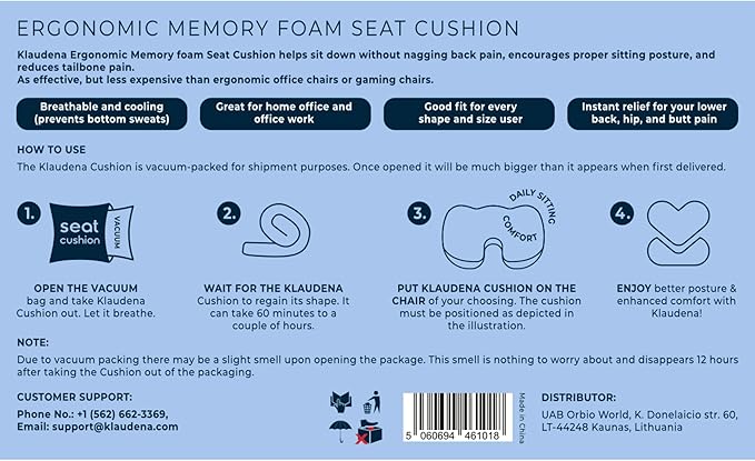 Klaudena | Office Chair Cushion for Tailbone Pain & Pressure Relief | Seat Cushion for Long Sitting Hours | Coccyx Lower Back Support | Memory Foam Cushions for Hip & Sciatica | Ergonomic Butt Pillow
