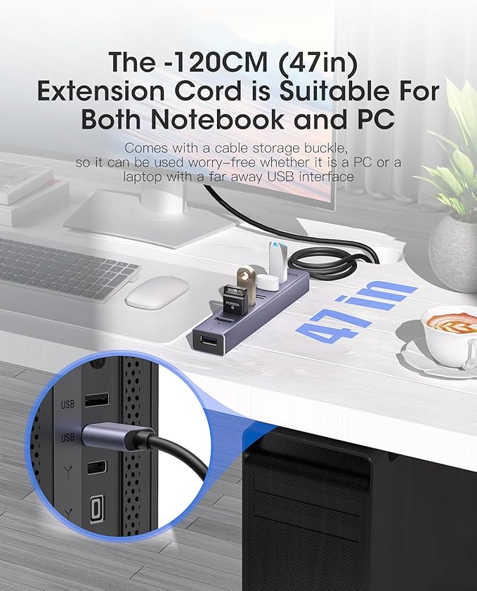 FORIDA USB to USB Hub Long Cable, 8 Ports USB 3.0 Adapter with 7 USB 3.0 Data Ports,USB Splitter with USB C 5V/3A Power Port, 47IN/120CM Main Cable for Laptop PC and More (USB A, 47IN)