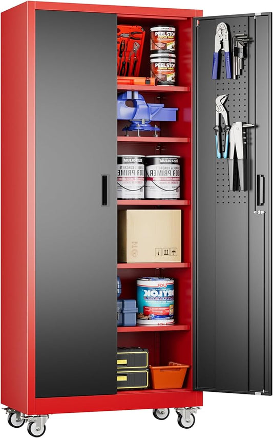 Aobabo Upgraded Garage Storage Cabinets with Wheels,Metal Storage Cabinets with 5 Adjustable Shelves for Garage Home Office Storage, Red-Black,71''H*32''W*16''D,Assembly Required