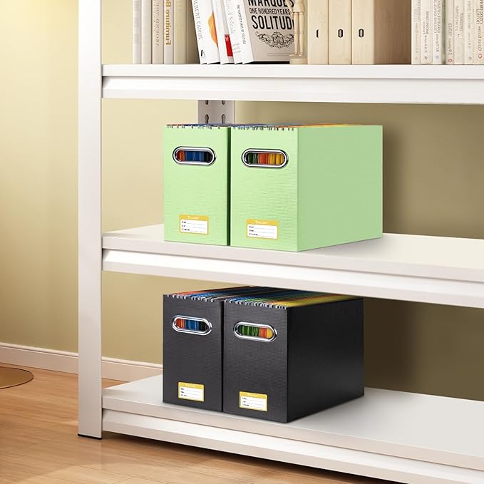 BALEINE File Organizer Box, Cardboard File Folder Organizer with Handle for Letter Size, Portable Collapsible Hanging Filing Box for Home Office Document Storage (4 Pack, Green)