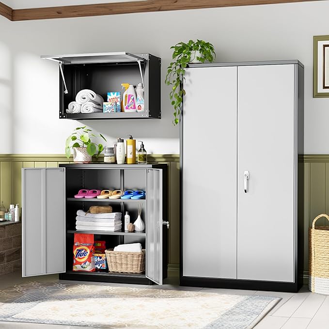 INTERGREAT Metal Storage Cabinet with Doors and Shelves,72" H Black Gray Steel Tool Locking Cabinet, Metal Storage Cabinet for Home Office, Warehouse, School
