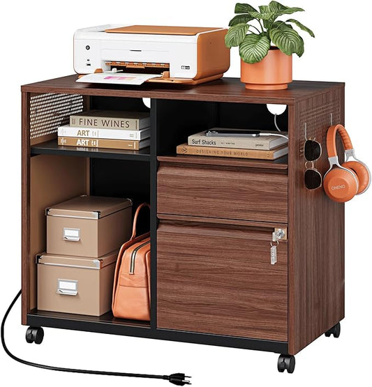 Mobile 2 Drawer File Cabinet,Metal File Cabinet with Lock，Lateral Printer Stand Filling Storage Cabinet for Home Office-A4/F4/Letter(Charging Socket)