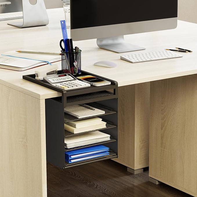 Aothia Desk Organizer with 4 Sliding Trays – Metal File Organizer for Desktop, Hanging Under Desk Organizer and Paper Tray Shelf, Space-Saving Office Document Sorter, Black